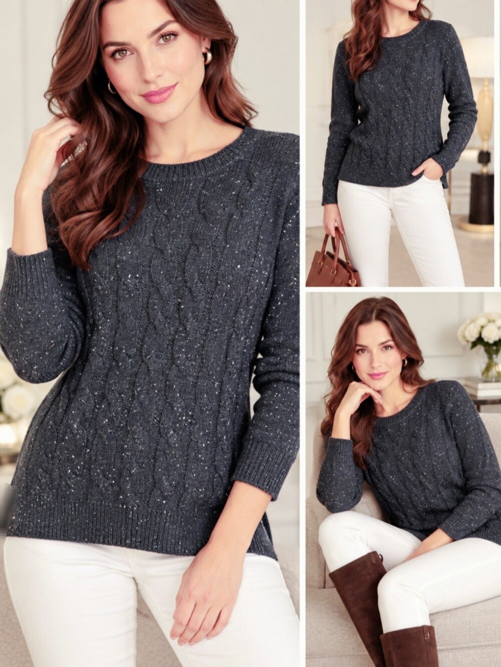 Talbots Women's Cable-Knit Sweater Cotton Blend Black Large
